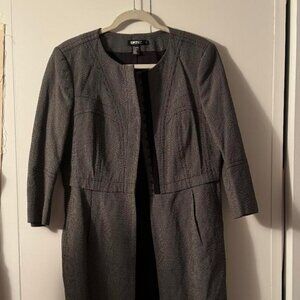 DKNY coat dress in black tweed with stich bust detail and hook and eye closing